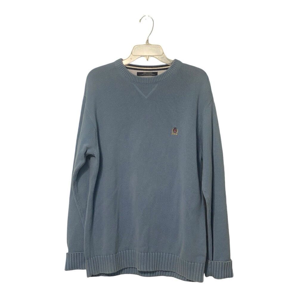 Vintage Tommy Hilfiger Men's M Blue Pullover Sweater Crewneck Logo Heavyweight
